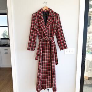 Old Navy Tartan Plaid Long Belted Overcoat Red Cream M